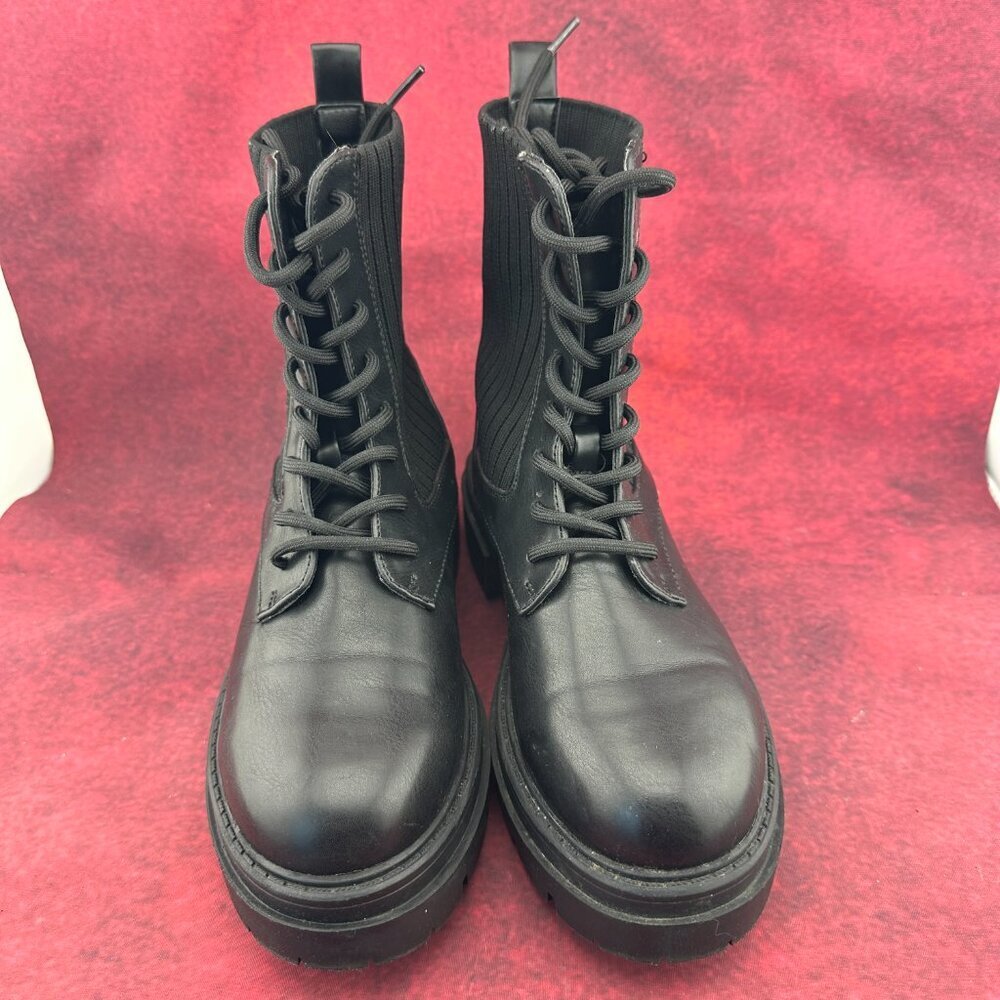 LILIANA WOMEN'S COMBAT BOOTS BLACK LACE-UP STRETCH RIBBET-KNIT SIDE PANEL,SIZE 7 - Picture 1 of 8